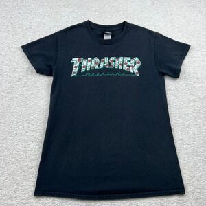 Thrasher Magazine Rose Floral Logo Graphic T-Shirt Mens Small Black Short Sleeve